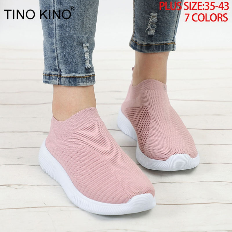 Women's Shoes Sneakers Flat Knitting Autumn Plus Size 2019 New Female Mesh Vulcanized Ladies Slip On Breathable Casual