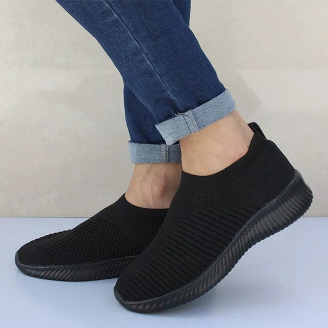 Women's Shoes Sneakers Flat Knitting Autumn Plus Size 2019 New Female Mesh Vulcanized Ladies Slip On Breathable Casual