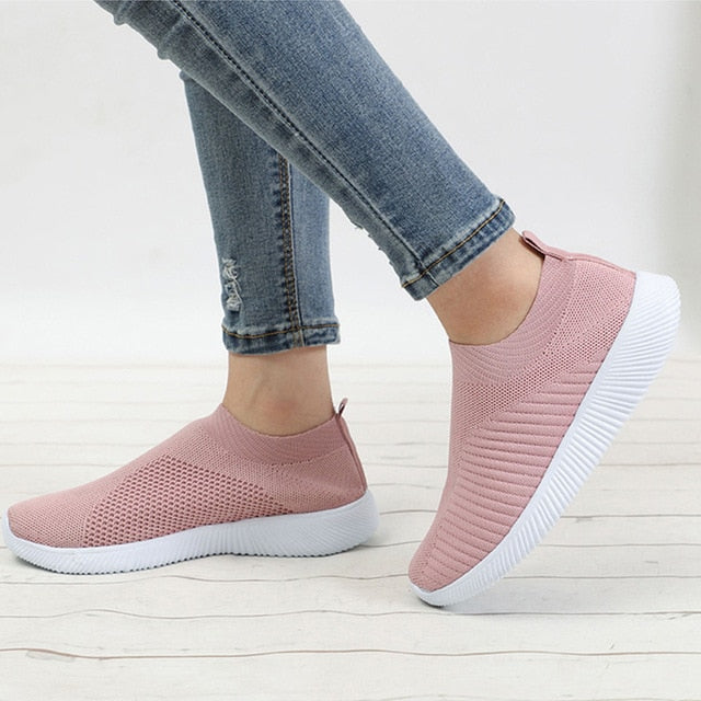 Women's Shoes Sneakers Flat Knitting Autumn Plus Size 2019 New Female Mesh Vulcanized Ladies Slip On Breathable Casual