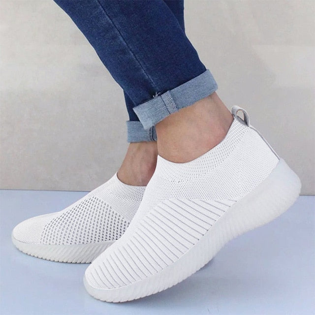 Women's Shoes Sneakers Flat Knitting Autumn Plus Size 2019 New Female Mesh Vulcanized Ladies Slip On Breathable Casual