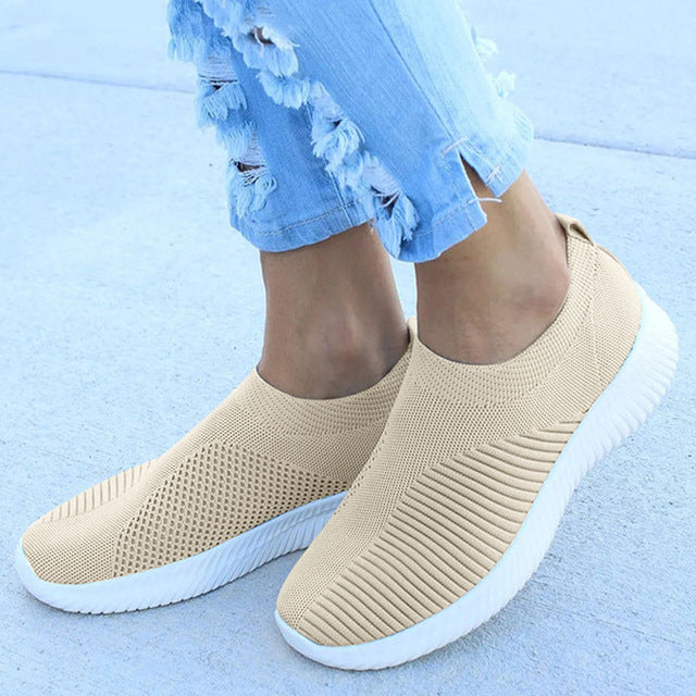 Women's Shoes Sneakers Flat Knitting Autumn Plus Size 2019 New Female Mesh Vulcanized Ladies Slip On Breathable Casual