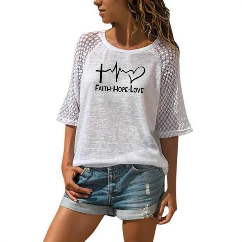 New Faith Hope Love Letters Print T-Shirt For Women Lace Crew Neck T-Shirt