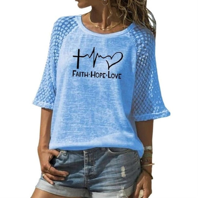 New Faith Hope Love Letters Print T-Shirt For Women Lace Crew Neck T-Shirt