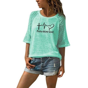 New Faith Hope Love Letters Print T-Shirt For Women Lace Crew Neck T-Shirt