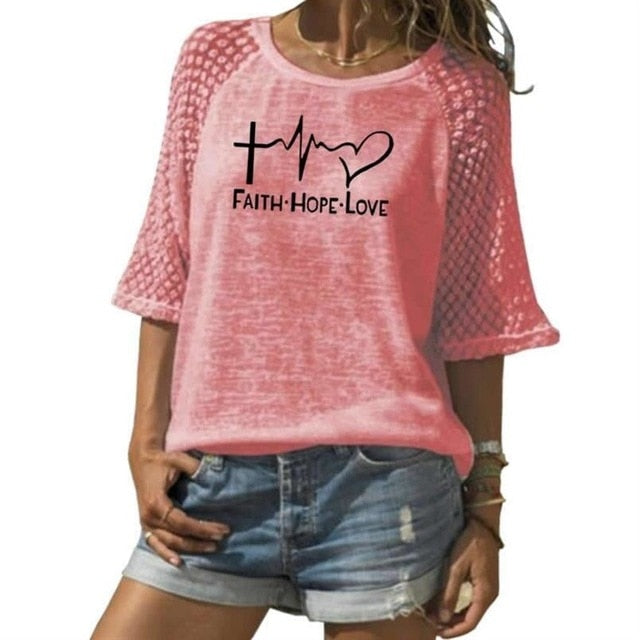 New Faith Hope Love Letters Print T-Shirt For Women Lace Crew Neck T-Shirt