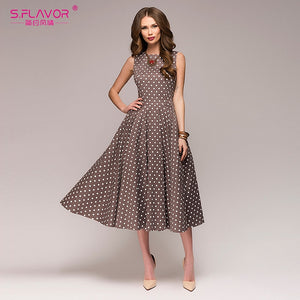 S.FLAVOR Women Vintage Dress Sleeveless O-neck Vestidos De Festa Women Elegant Thin Dot Printing Mid-Calf Casual Dress Female