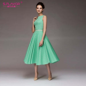 S.FLAVOR Women Vintage Dress Sleeveless O-neck Vestidos De Festa Women Elegant Thin Dot Printing Mid-Calf Casual Dress Female