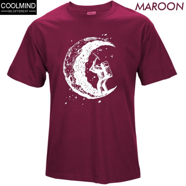 100% cotton digging the moon print casual mens o-neck t shirts fashion men's