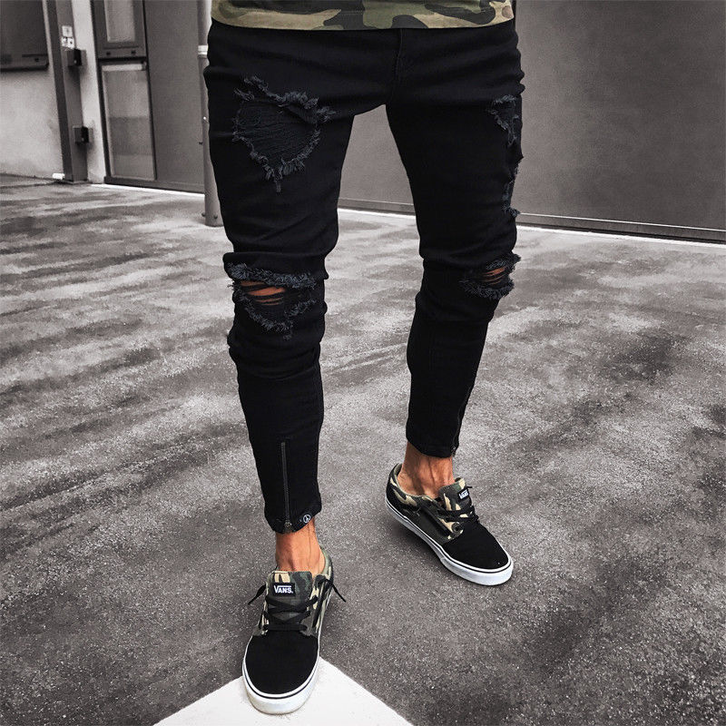 Mens Cool Designer Brand Black Jeans Skinny Ripped Destroyed Stretch Slim Fit Hop Hop Pants With Holes