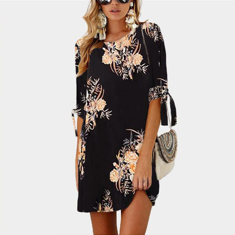 2019 Women Summer Dress Boho Style Floral Print Chiffon Beach Dress Tunic Sundress Loose Mini Party Dress Vestidos