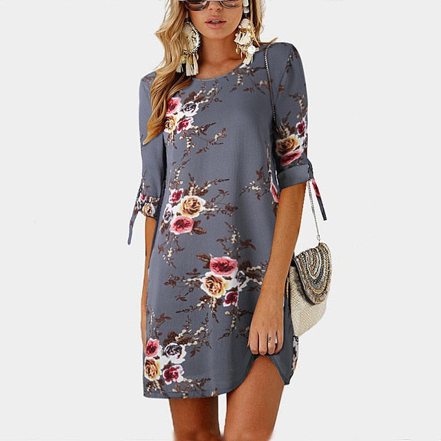 2019 Women Summer Dress Boho Style Floral Print Chiffon Beach Dress Tunic Sundress Loose Mini Party Dress Vestidos