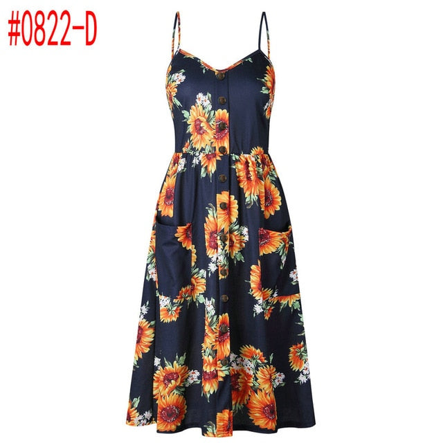 Summer Women Dress 2019 Vintage Bohemian Floral Tunic Beach Dress Sundress Pocket Red White