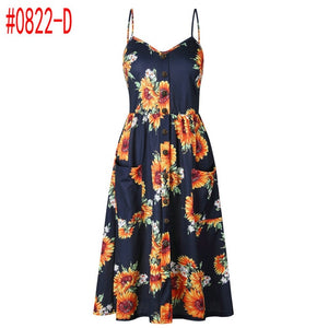 Summer Women Dress 2019 Vintage Bohemian Floral Tunic Beach Dress Sundress Pocket Red White