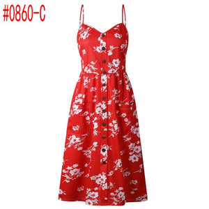 Summer Women Dress 2019 Vintage Bohemian Floral Tunic Beach Dress Sundress Pocket Red White