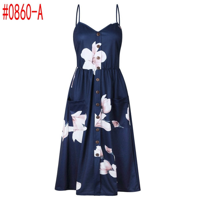 Summer Women Dress 2019 Vintage Bohemian Floral Tunic Beach Dress Sundress Pocket Red White