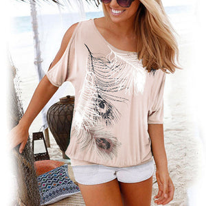 Women Summer 2019 Tshirt Casual Short Sleeve Tops Tees Sexy Off Shoulder Feather