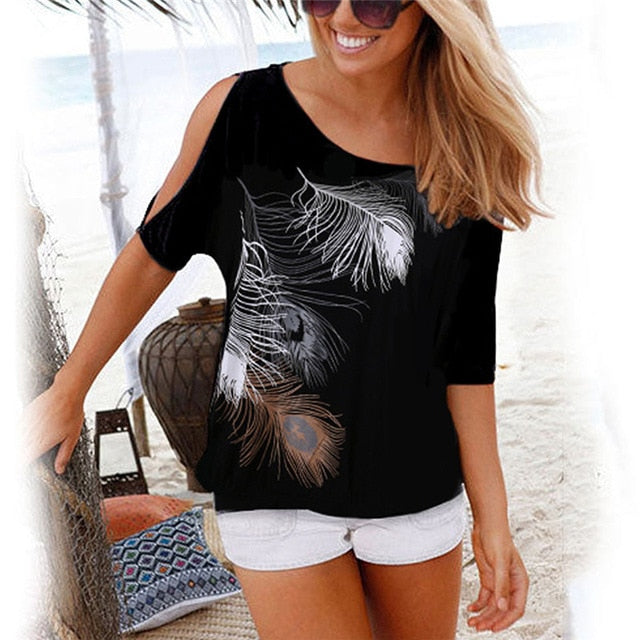 Women Summer 2019 Tshirt Casual Short Sleeve Tops Tees Sexy Off Shoulder Feather