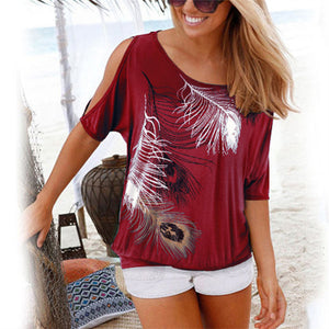 Women Summer 2019 Tshirt Casual Short Sleeve Tops Tees Sexy Off Shoulder Feather