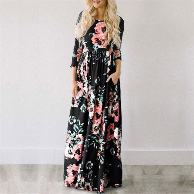 2019 Summer Long Dress Floral Print Boho Beach Dress Tunic Maxi Dress Women Evening Party Dress Sundress