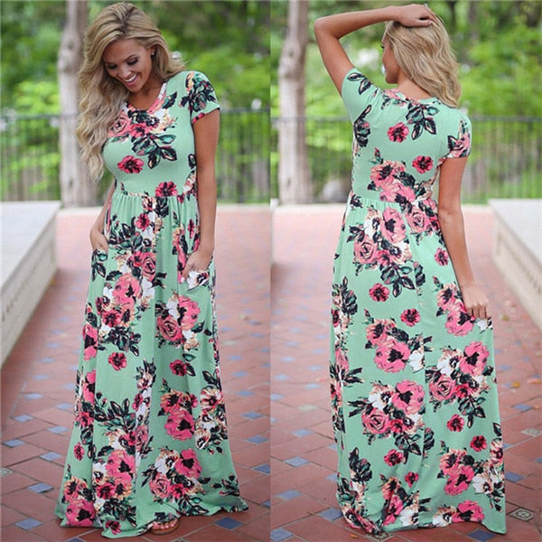 2019 Summer Long Dress Floral Print Boho Beach Dress Tunic Maxi Dress Women Evening Party Dress Sundress