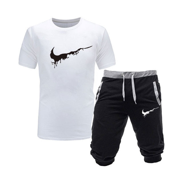 2019 New Men Fashion Two Pieces Sets T Shirts+Shorts Suit Men Summer Tops Tees Fashion Tshirt