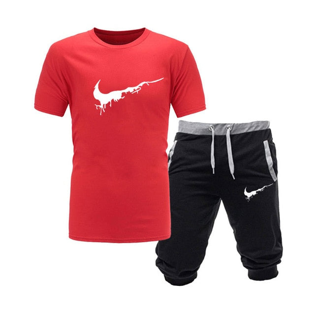 2019 New Men Fashion Two Pieces Sets T Shirts+Shorts Suit Men Summer Tops Tees Fashion Tshirt