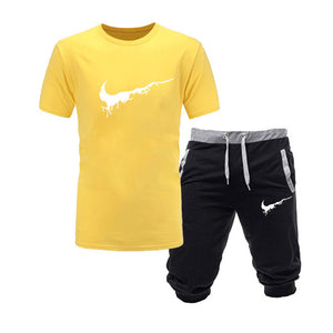 2019 New Men Fashion Two Pieces Sets T Shirts+Shorts Suit Men Summer Tops Tees Fashion Tshirt