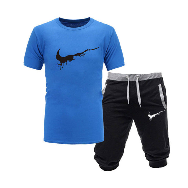 2019 New Men Fashion Two Pieces Sets T Shirts+Shorts Suit Men Summer Tops Tees Fashion Tshirt