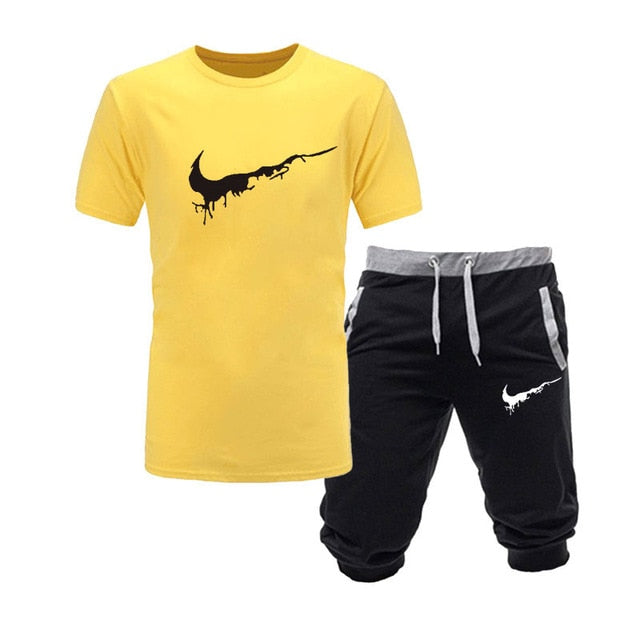 2019 New Men Fashion Two Pieces Sets T Shirts+Shorts Suit Men Summer Tops Tees Fashion Tshirt