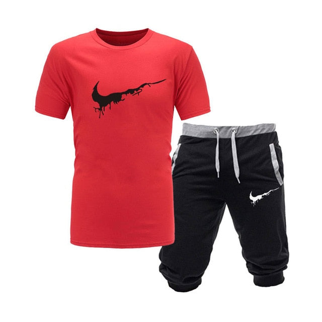 2019 New Men Fashion Two Pieces Sets T Shirts+Shorts Suit Men Summer Tops Tees Fashion Tshirt